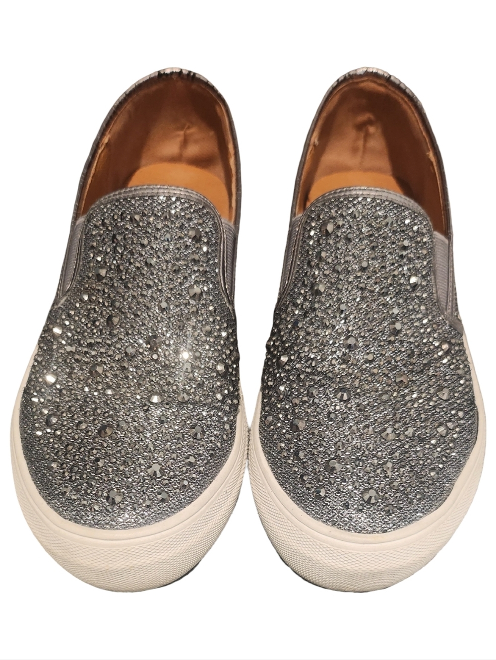Volatile Silver Glitter Slip-On Loafers with Rhinestones